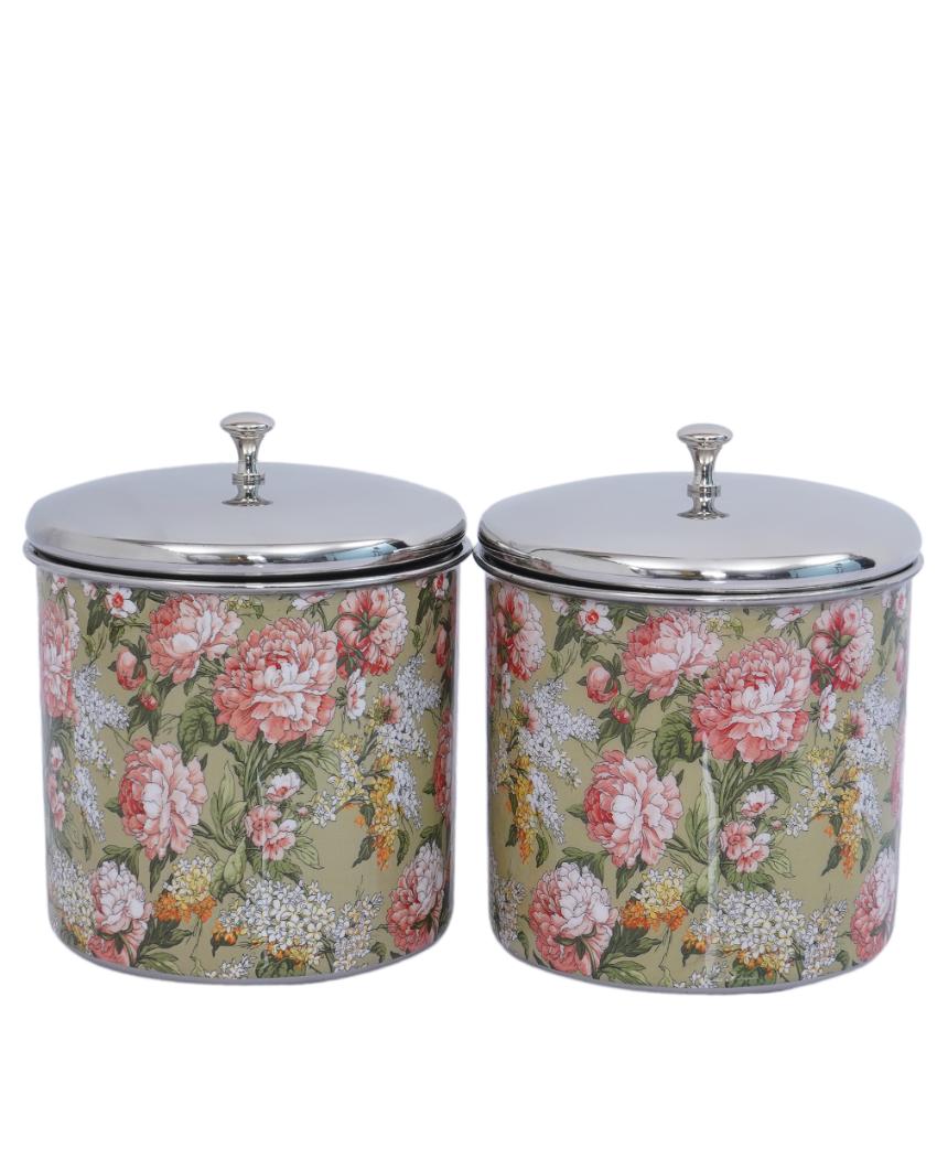 Floral Green Stainless Steel Storage Jars | Set of 2 | 5 x 6 inches