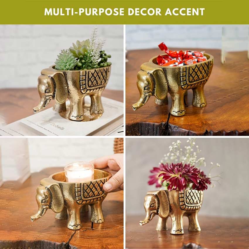 Elegant Golden Shade Metal Elephant Planter | Set of 2 | 3 x 6 inches