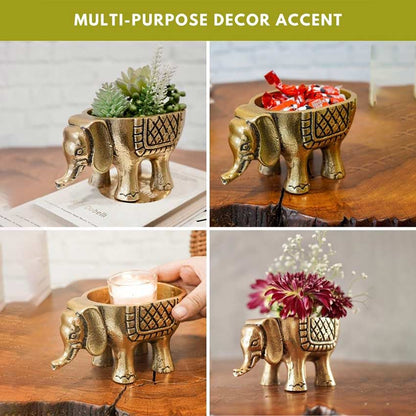 Elegant Golden Shade Metal Elephant Planter | Set of 2 | 3 x 6 inches