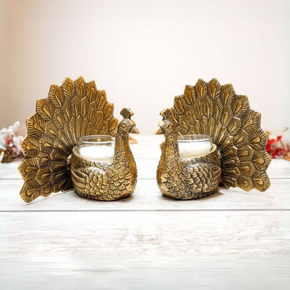 Elegant Golden Design Peacock Candle Holder | Set of 2 | 7 x 3 x 6 inches