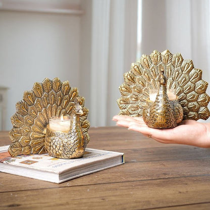 Elegant Golden Design Peacock Candle Holder | Set of 2 | 7 x 3 x 6 inches