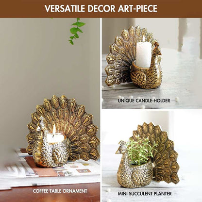 Elegant Golden Design Peacock Candle Holder | Set of 2 | 7 x 3 x 6 inches