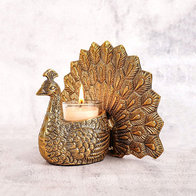 Elegant Peacock Golden Shade Tea Light Holder | 7 x 4 x 6 inches