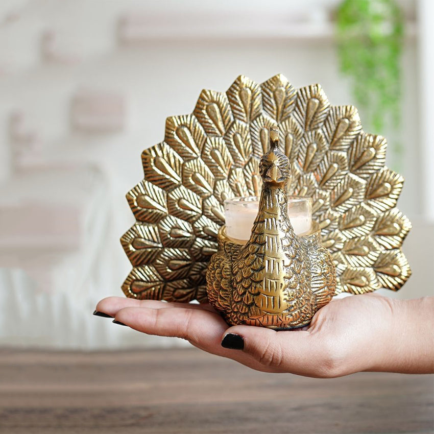 Elegant Peacock Golden Shade Tea Light Holder | 7 x 4 x 6 inches