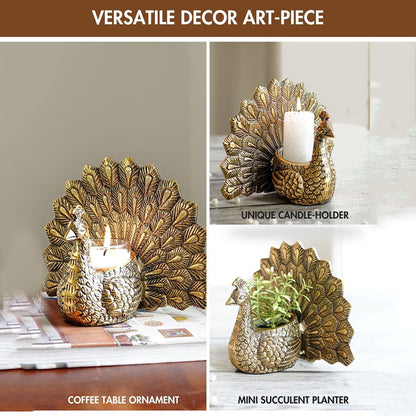 Elegant Peacock Golden Shade Tea Light Holder | 7 x 4 x 6 inches