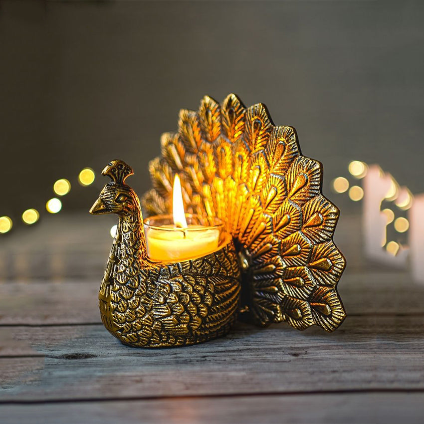 Elegant Peacock Golden Shade Tea Light Holder | 7 x 4 x 6 inches