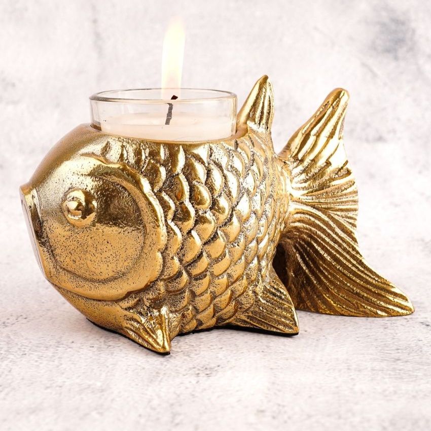 Elegant Golden Metal Finish Fish Candle Holder | 4 x 5 inches