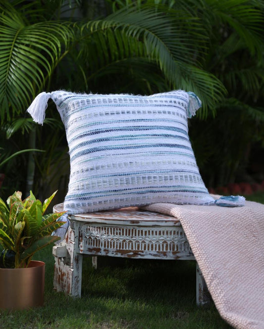 Tassels Cotton Cushion Cover  | 17 x 17 inches White & Green
