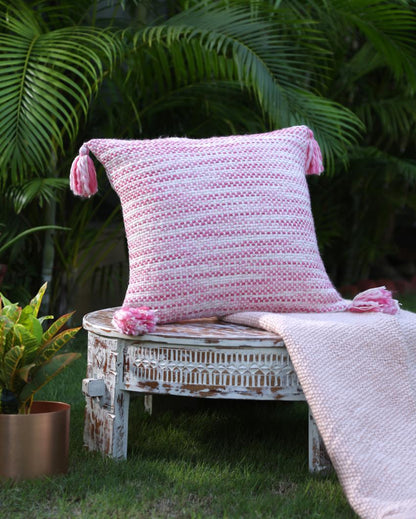 Tassels Cotton Cushion Cover  | 17 x 17 inches Ivory & Pink