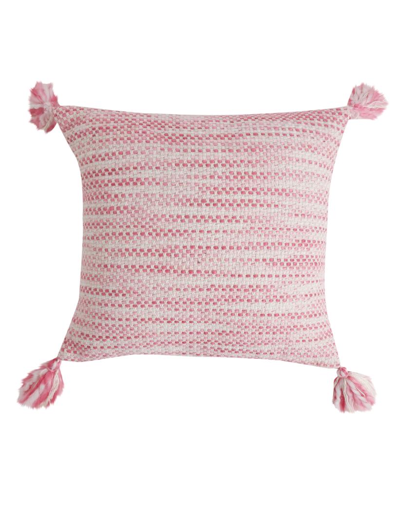 Tassels Cotton Cushion Cover  | 17 x 17 inches Ivory & Pink