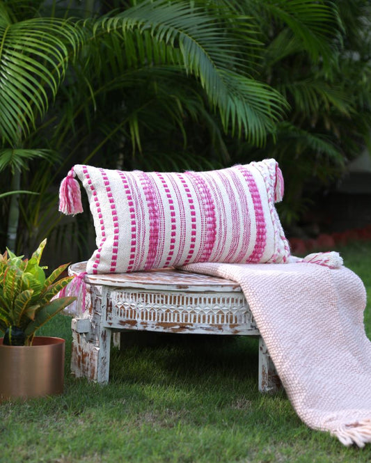 Pillow Style Cushion Cover With Tassels | 12 x 19 inches Ivory & Fuschia