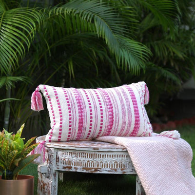 Pillow Style Cushion Cover With Tassels | 12 x 19 inches Ivory & Fuschia