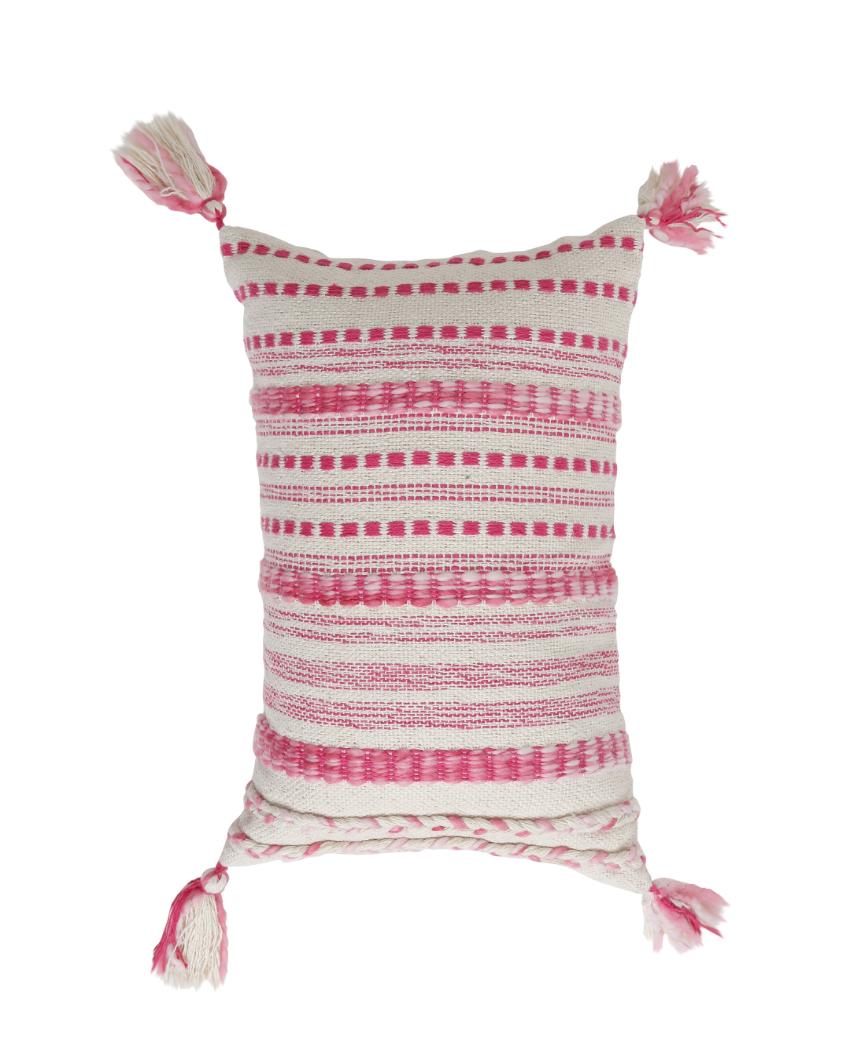 Pillow Style Cushion Cover With Tassels | 12 x 19 inches Ivory & Fuschia