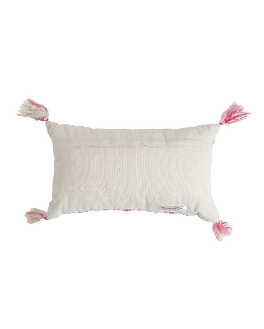 Pillow Style Cushion Cover With Tassels | 12 x 19 inches Ivory & Fuschia