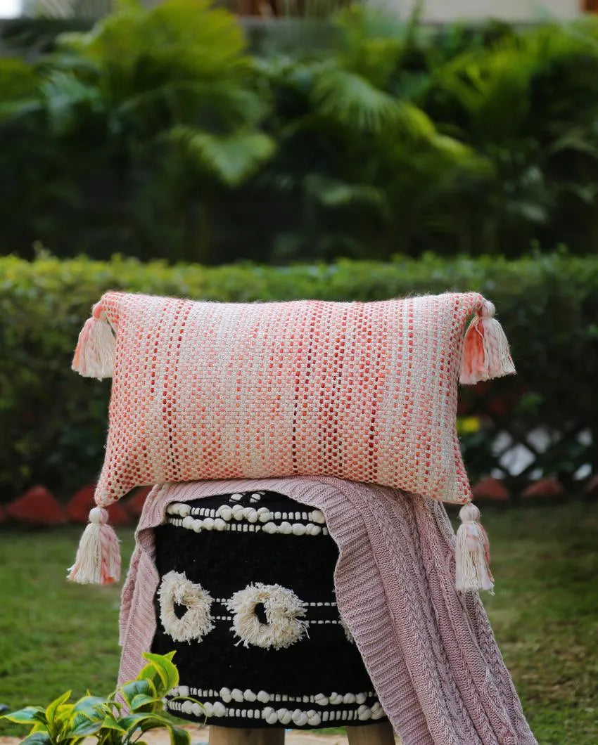 Pillow Style Cushion Cover With Tassels | 12 x 19 inches Ivory & Rust