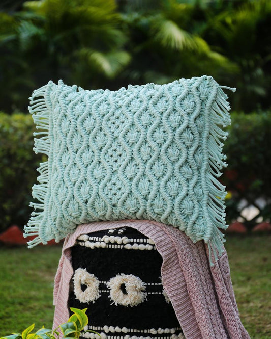 Aqua Green Macramé Fringes Cushion Cover | 18 x 18 inches