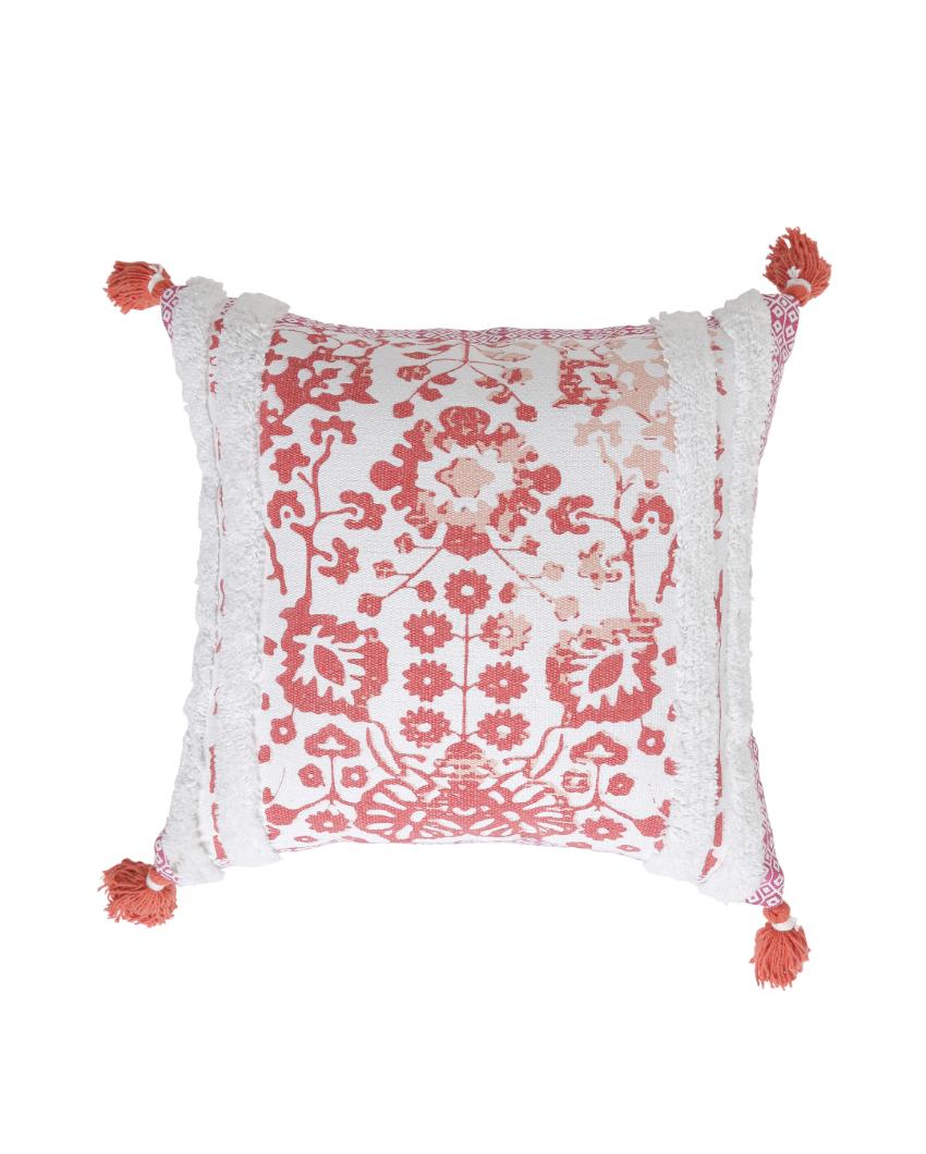 Peach Flower Printed Fringes Tassels Cushion Cover | 17 x 17 inches