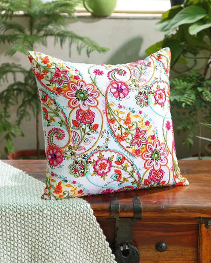 Pink & Green Hues Paisely Cushion Cover | 18 x 18 inches