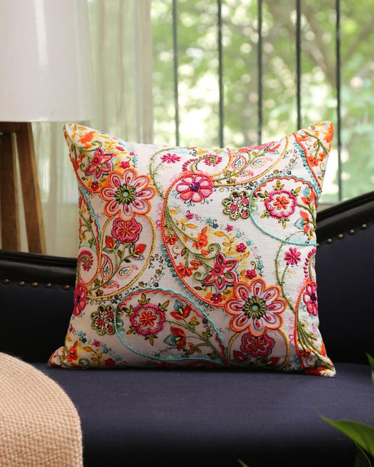 Pink & Green Hues Paisely Cushion Cover | 18 x 18 inches