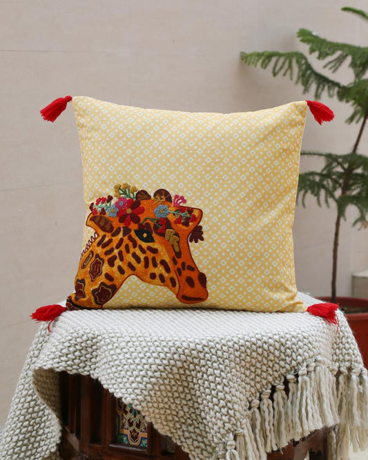Giraffe Design Embroidered Cushion Cover | 16 x 16 inches