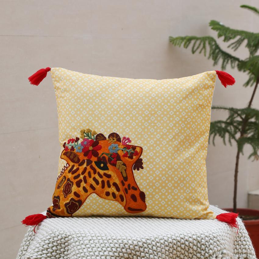 Giraffe Design Embroidered Cushion Cover | 16 x 16 inches