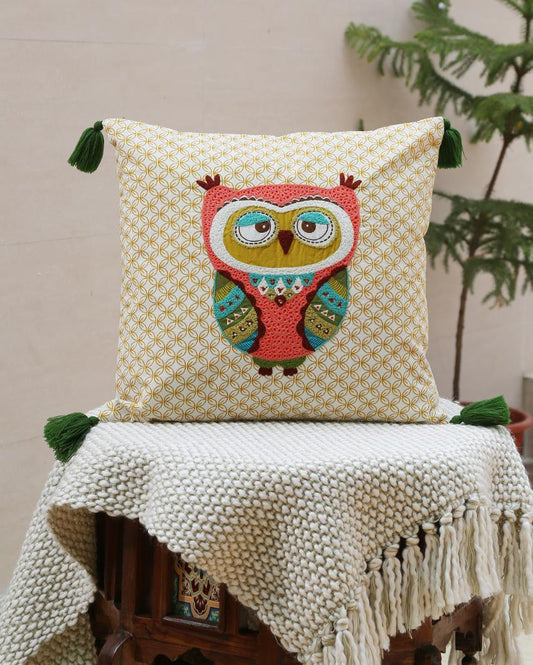 Owl Design Embroidered & Appliqué Cushion Cover | 16 x 16 inches