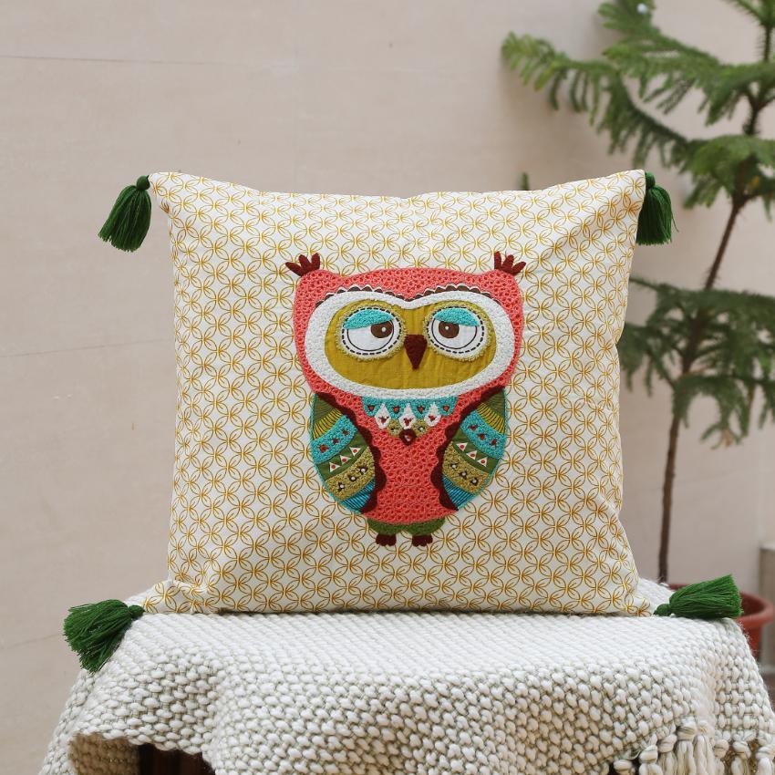 Owl Design Embroidered & Appliqué Cushion Cover | 16 x 16 inches