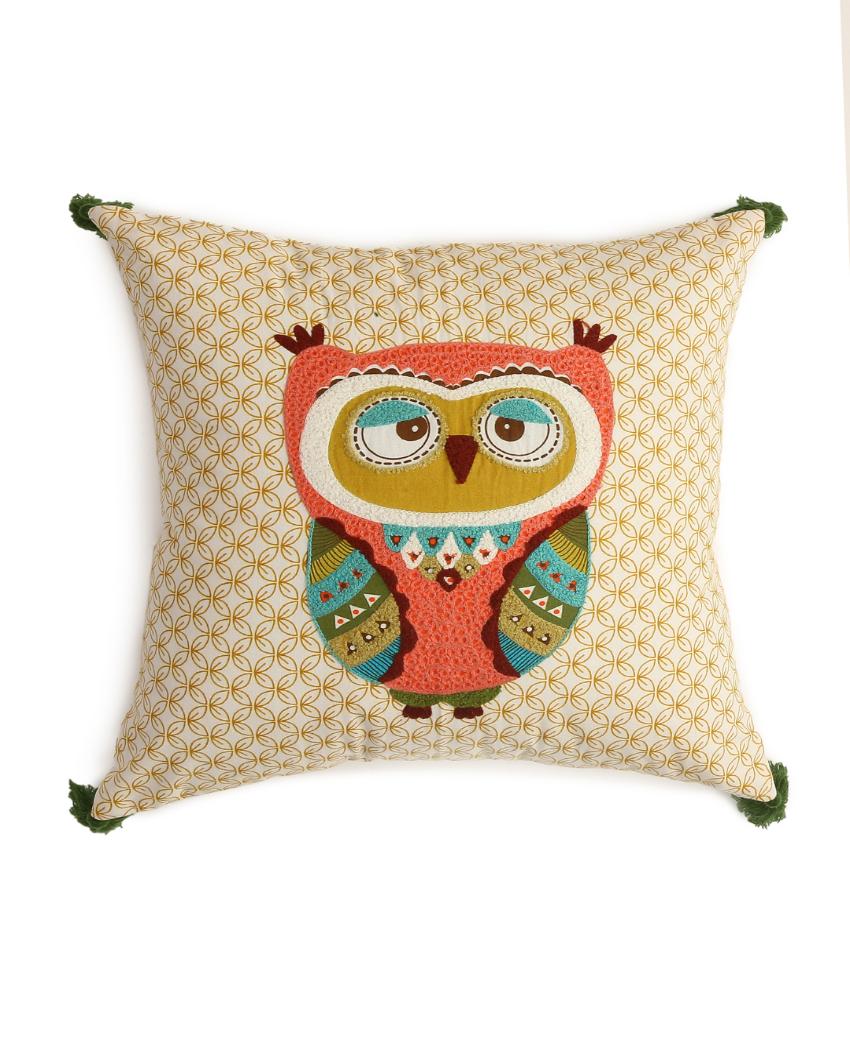 Owl Design Embroidered & Appliqué Cushion Cover | 16 x 16 inches