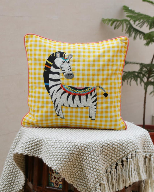 Zebra Design Embroidered Cushion Cover | 16 x 16 inches