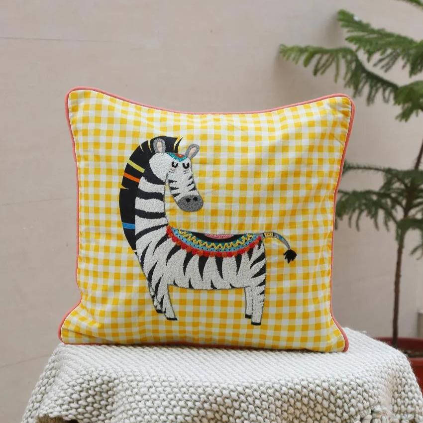 Zebra Design Embroidered Cushion Cover | 16 x 16 inches