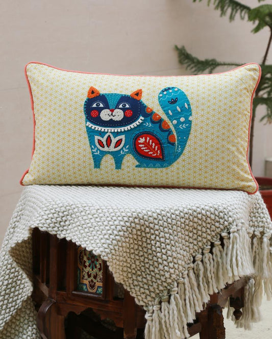 Cat Design Embroidered Cushion Cover | 12 x 20 inches