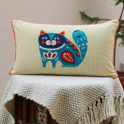 Cat Design Embroidered Cushion Cover | 12 x 20 inches