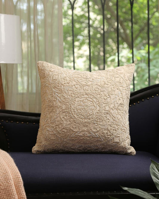 Embellished Dori Work Ivory Square Cushion Cover | 17 x 17 inches