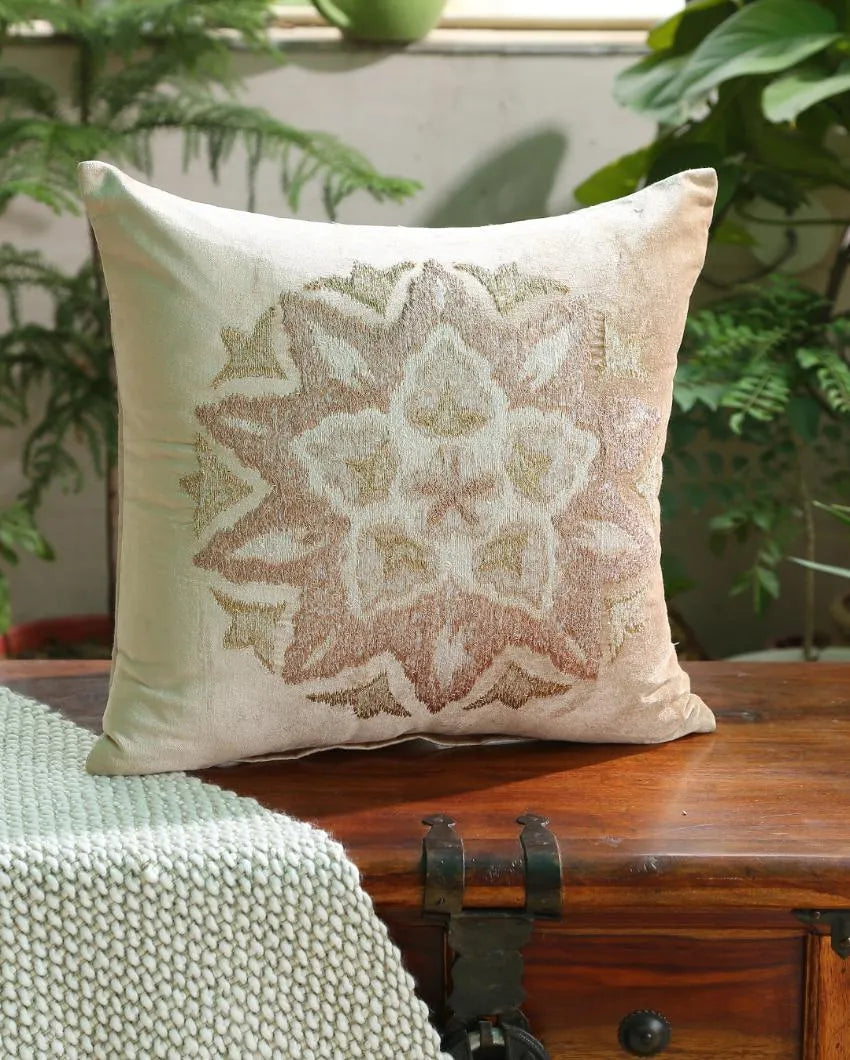 Beige Embroidered Viscose Velvet Cushion Cover | 18 x 18 inches