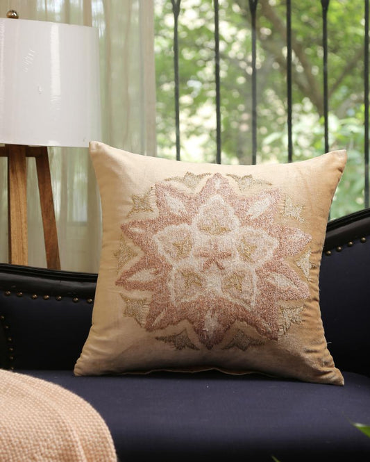 Beige Embroidered Viscose Velvet Cushion Cover | 18 x 18 inches
