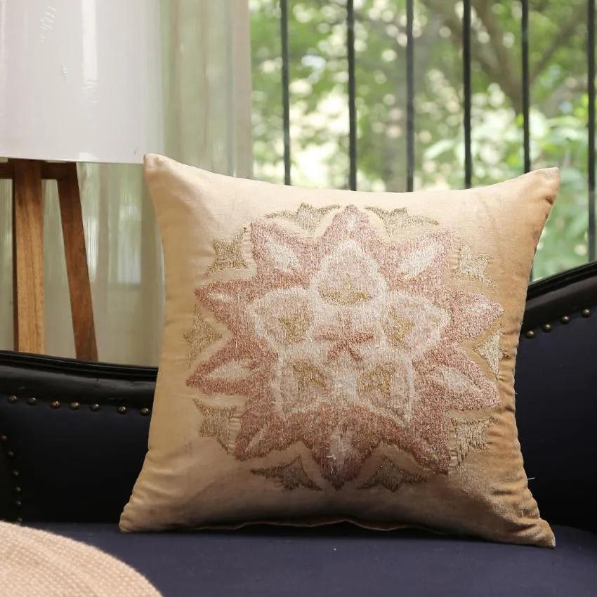 Beige Embroidered Viscose Velvet Cushion Cover | 18 x 18 inches