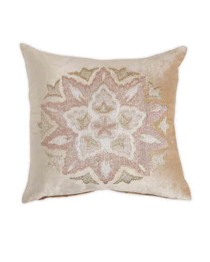 Beige Embroidered Viscose Velvet Cushion Cover | 18 x 18 inches