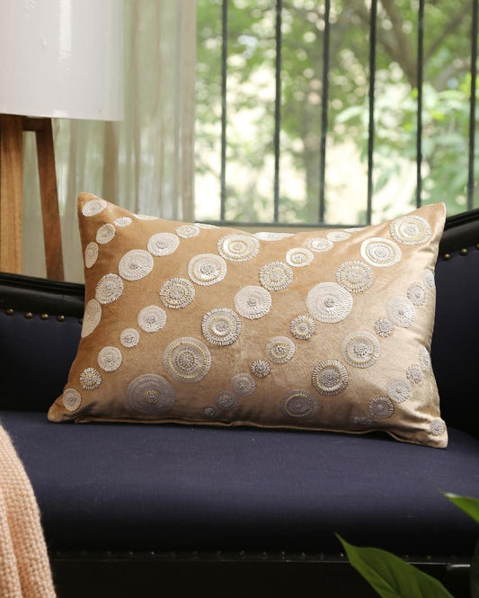 Beige Sequin And Beads Work Viscose Velvet Cushion Cover   | 14 x 20 inches