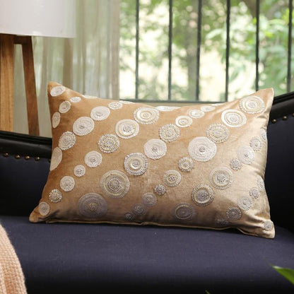 Beige Sequin And Beads Work Viscose Velvet Cushion Cover   | 14 x 20 inches