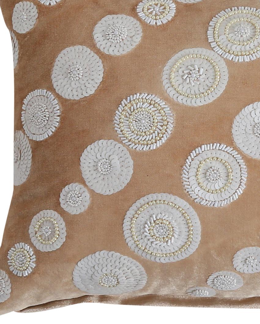 Beige Sequin And Beads Work Viscose Velvet Cushion Cover   | 14 x 20 inches