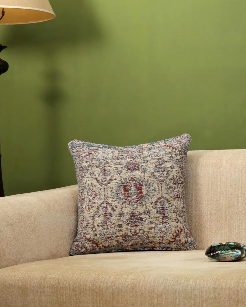 Persian Motif Jacquard Cotton Chenille Cushion Cover | 16 x 16 inches Beige