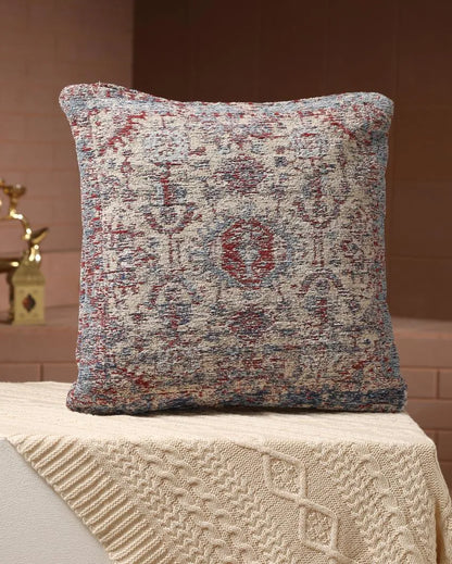 Persian Motif Jacquard Cotton Chenille Cushion Cover | 16 x 16 inches Beige