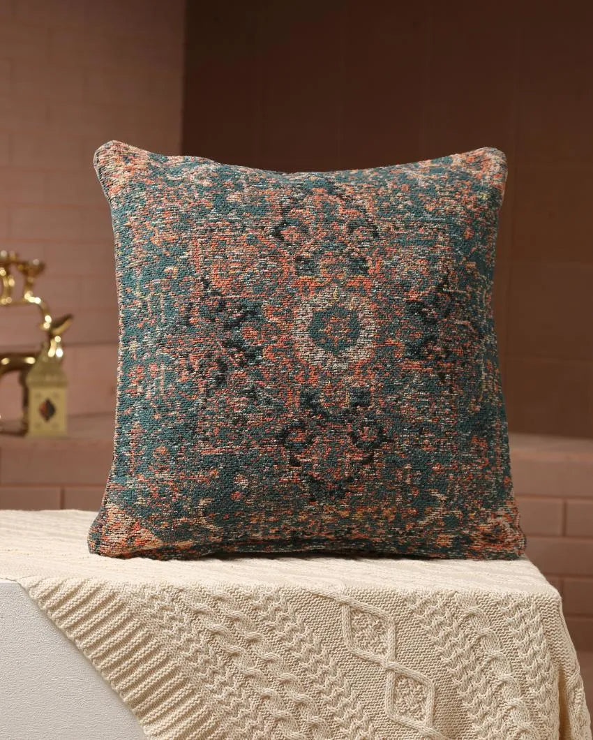 Persian Motif Jacquard Cotton Chenille Cushion Cover | 16 x 16 inches Teal