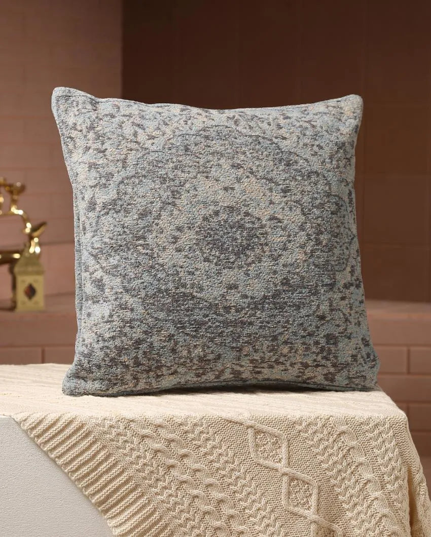 Persian Motif Jacquard Cotton Chenille Cushion Cover | 16 x 16 inches Blue