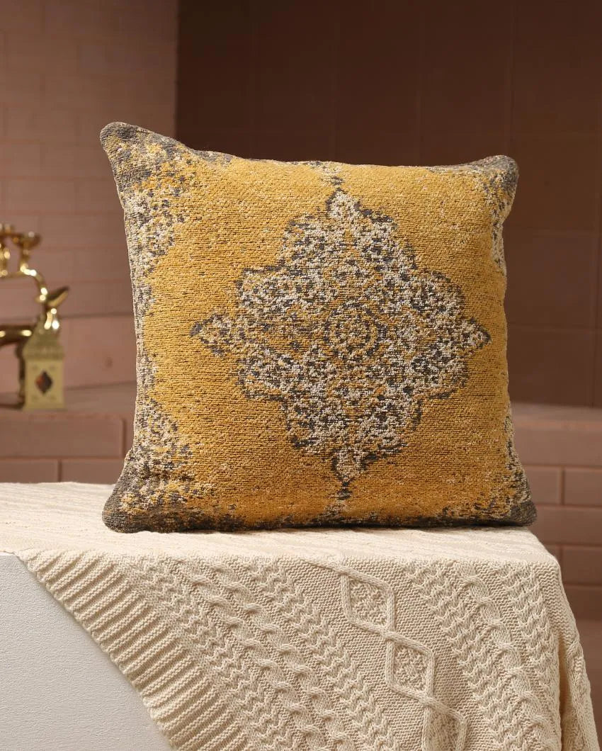 Persian Motif Jacquard Cotton Chenille Cushion Cover | 16 x 16 inches Yellow