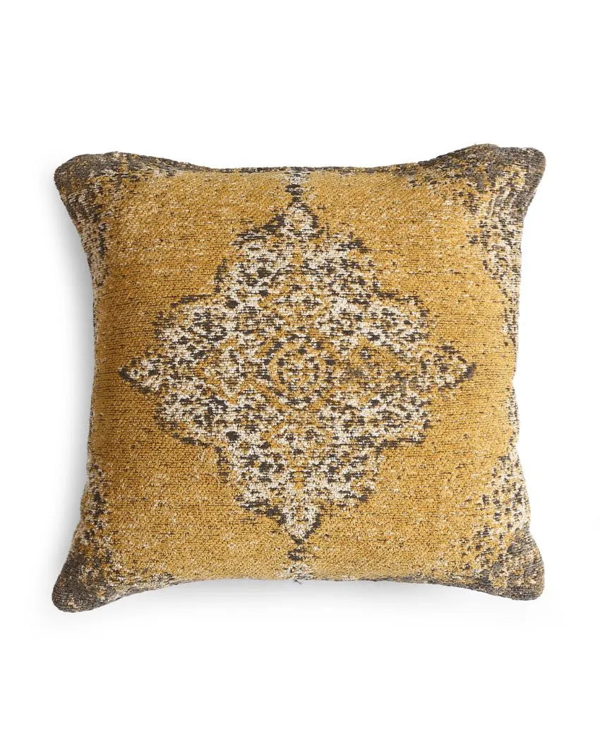 Persian Motif Jacquard Cotton Chenille Cushion Cover | 16 x 16 inches Yellow