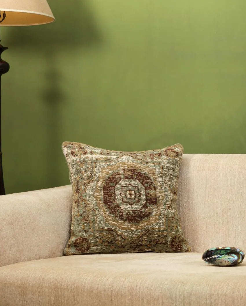 Persian Motif Jacquard Cotton Chenille Cushion Cover | 16 x 16 inches Green