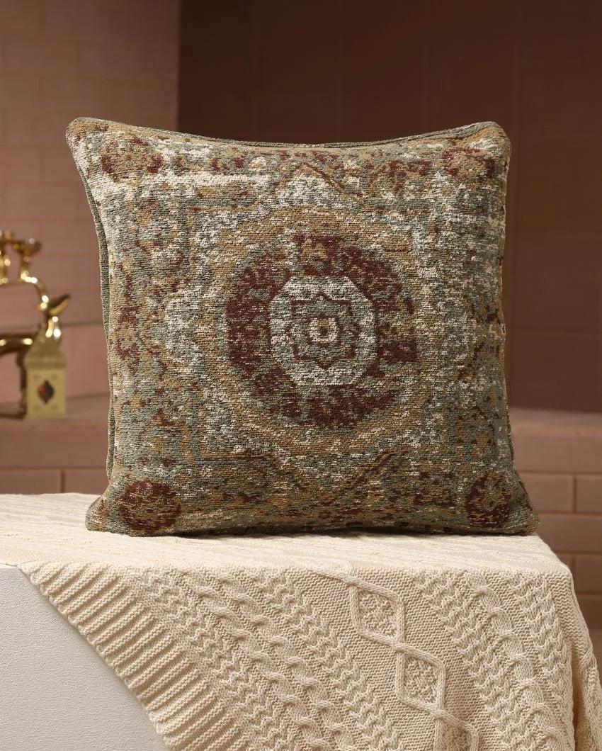 Persian Motif Jacquard Cotton Chenille Cushion Cover | 16 x 16 inches Green