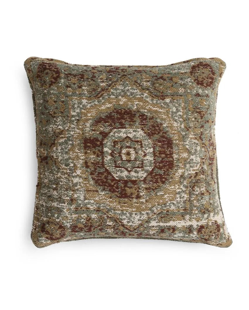 Persian Motif Jacquard Cotton Chenille Cushion Cover | 16 x 16 inches Green