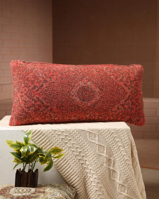 Jacquard Chenille Persian Motif  Pillow Style Cushion Cover | 13 x 27 inches Red